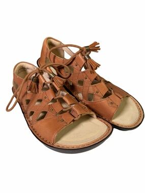 Alegria Tan Leather Cutout Tassel Lace Sandals size 37 or 7/7.5